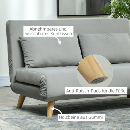 3 in 1 Sleeper Sofa 130 x 78 cm Sofa with Bed Function, Foldable Couch with Lumbar Pillows, Velvet Look, Adjustable Backrest for Living Room, Bedroom, Light Gray