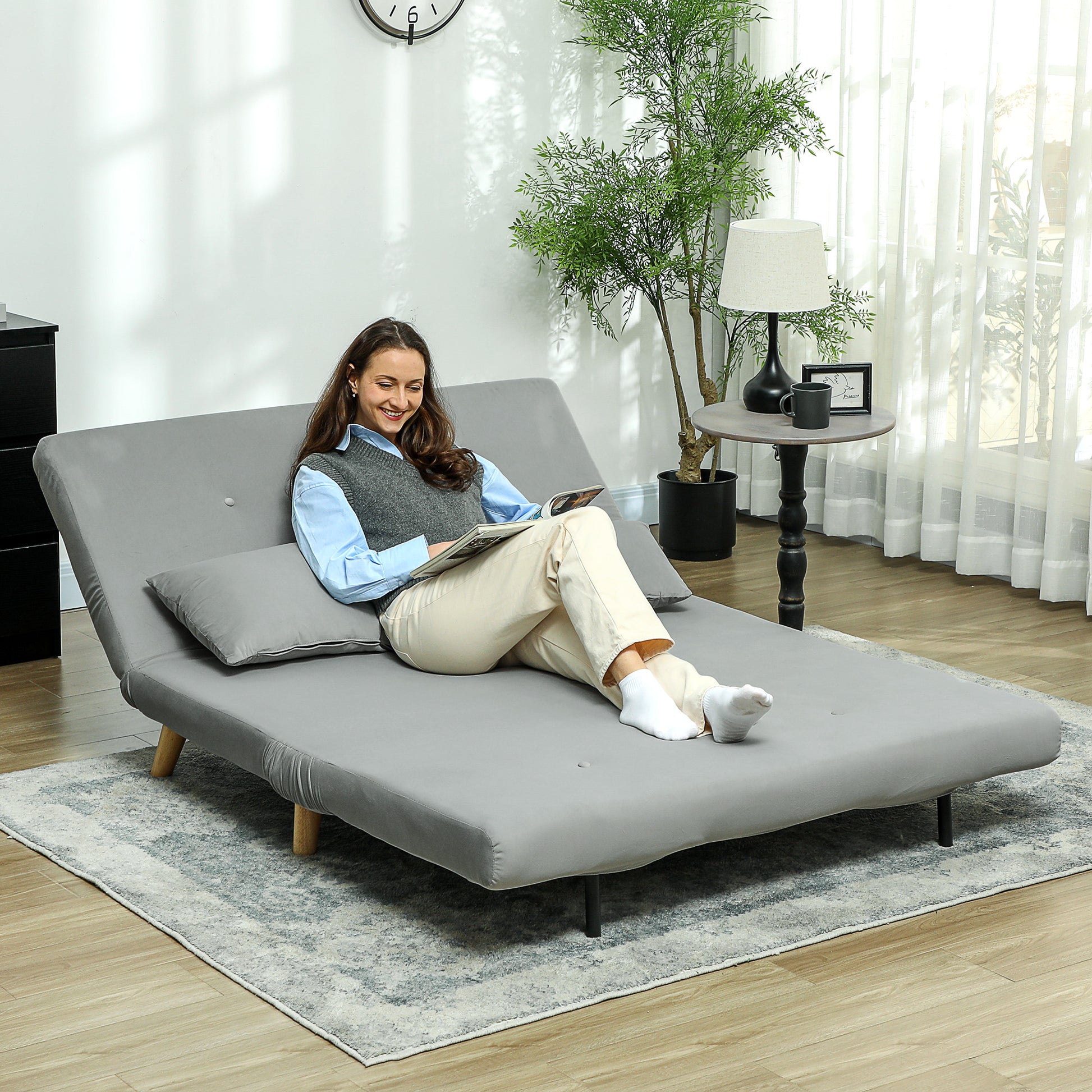 3 in 1 Sleeper Sofa 130 x 78 cm Sofa with Bed Function, Foldable Couch with Lumbar Pillows, Velvet Look, Adjustable Backrest for Living Room, Bedroom, Light Gray