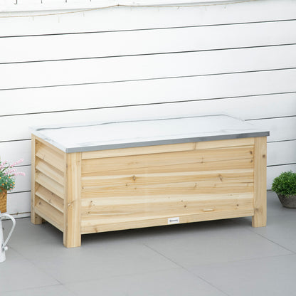 Outdoor Garden Chest 155L Storage Trunk with Galvanized Metal Lid and Slatted Design for Garden Terrace Balcony 110x50x50 cm Natural Wood