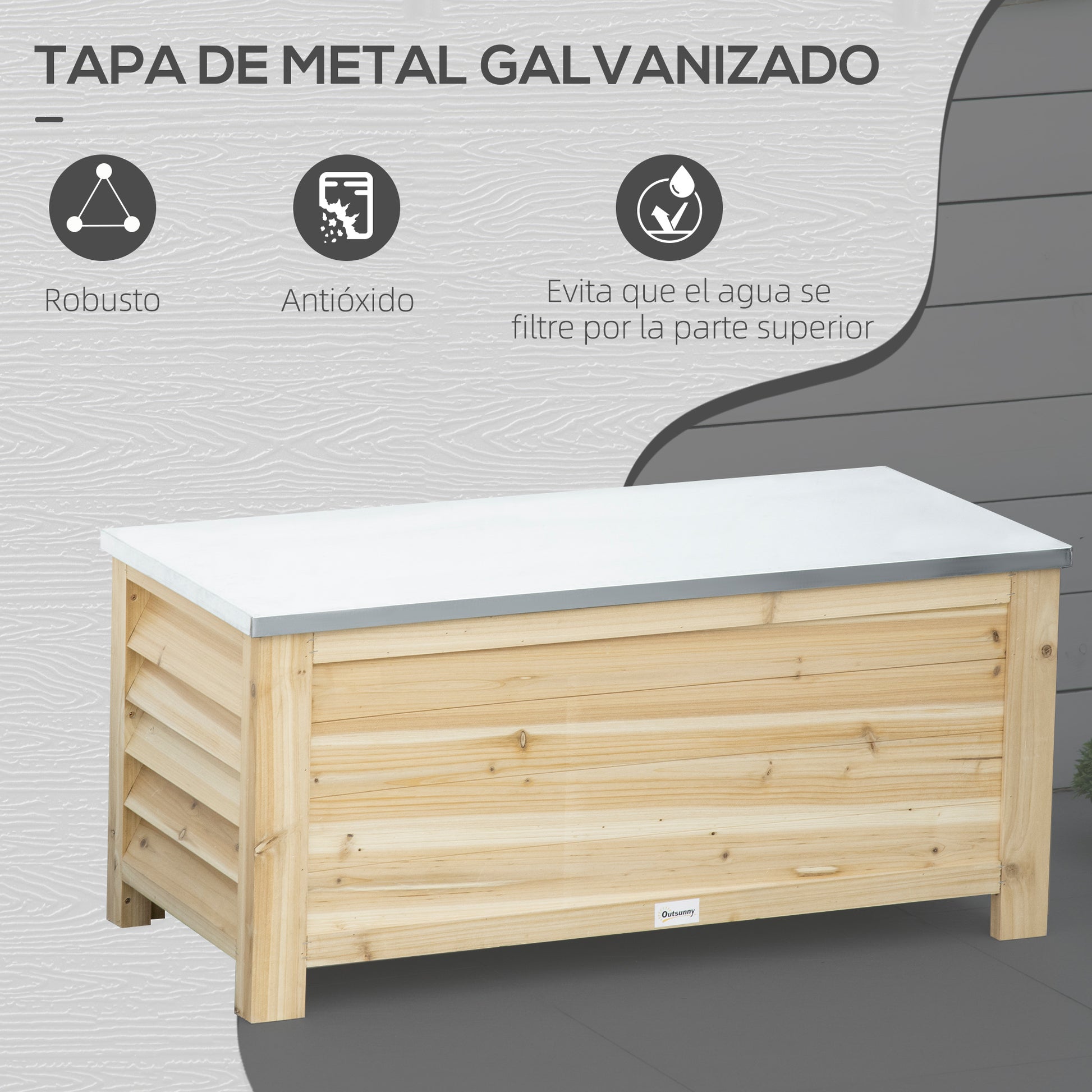 Outdoor Garden Chest 155L Storage Trunk with Galvanized Metal Lid and Slatted Design for Garden Terrace Balcony 110x50x50 cm Natural Wood