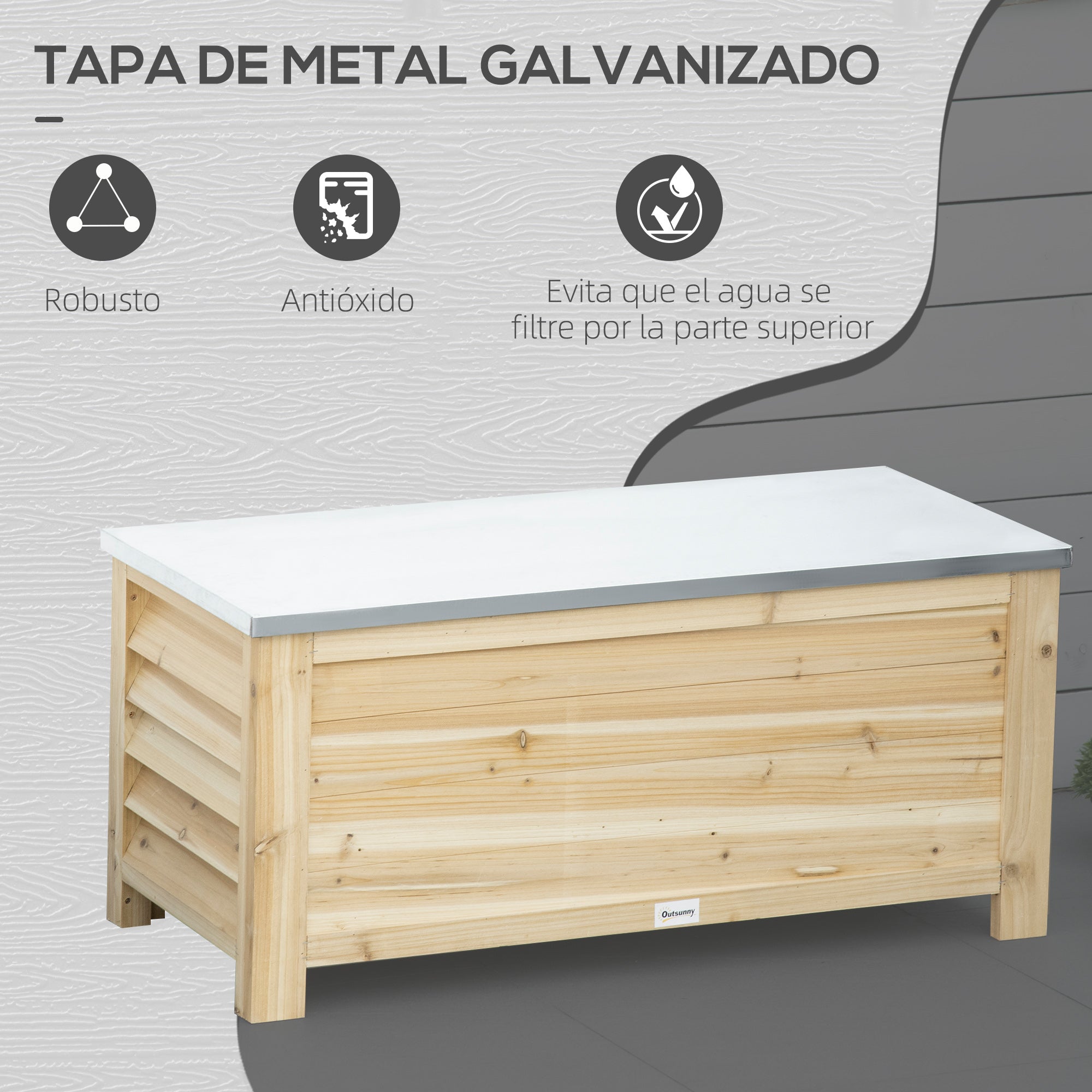 Outdoor Garden Chest 155L Storage Trunk with Galvanized Metal Lid and Slatted Design for Garden Terrace Balcony 110x50x50 cm Natural Wood