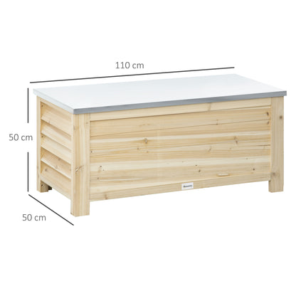 Outdoor Garden Chest 155L Storage Trunk with Galvanized Metal Lid and Slatted Design for Garden Terrace Balcony 110x50x50 cm Natural Wood
