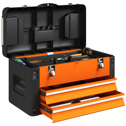 Empty Tool Box, 49.7 x 25.3 x 28.9 cm Toolbox with Drawer, Mini Box, Upper Compartment, Handle, Steel Tool Case, Orange