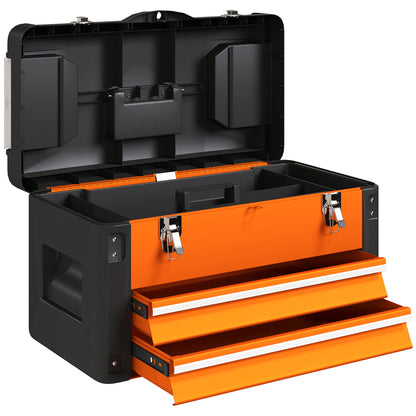 Empty Tool Box, 49.7 x 25.3 x 28.9 cm Toolbox with Drawer, Mini Box, Upper Compartment, Handle, Steel Tool Case, Orange