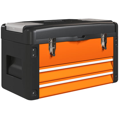 Empty Tool Box, 49.7 x 25.3 x 28.9 cm Toolbox with Drawer, Mini Box, Upper Compartment, Handle, Steel Tool Case, Orange