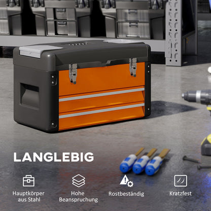 Empty Tool Box, 49.7 x 25.3 x 28.9 cm Toolbox with Drawer, Mini Box, Upper Compartment, Handle, Steel Tool Case, Orange