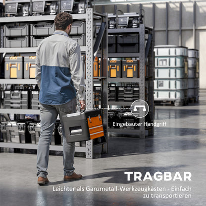 Empty Tool Box, 49.7 x 25.3 x 28.9 cm Toolbox with Drawer, Mini Box, Upper Compartment, Handle, Steel Tool Case, Orange