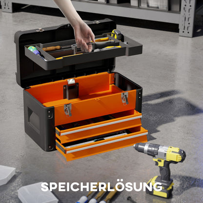 Empty Tool Box, 49.7 x 25.3 x 28.9 cm Toolbox with Drawer, Mini Box, Upper Compartment, Handle, Steel Tool Case, Orange