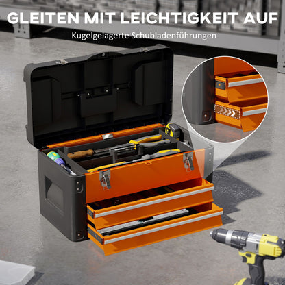 Empty Tool Box, 49.7 x 25.3 x 28.9 cm Toolbox with Drawer, Mini Box, Upper Compartment, Handle, Steel Tool Case, Orange