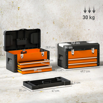 Empty Tool Box, 49.7 x 25.3 x 28.9 cm Toolbox with Drawer, Mini Box, Upper Compartment, Handle, Steel Tool Case, Orange