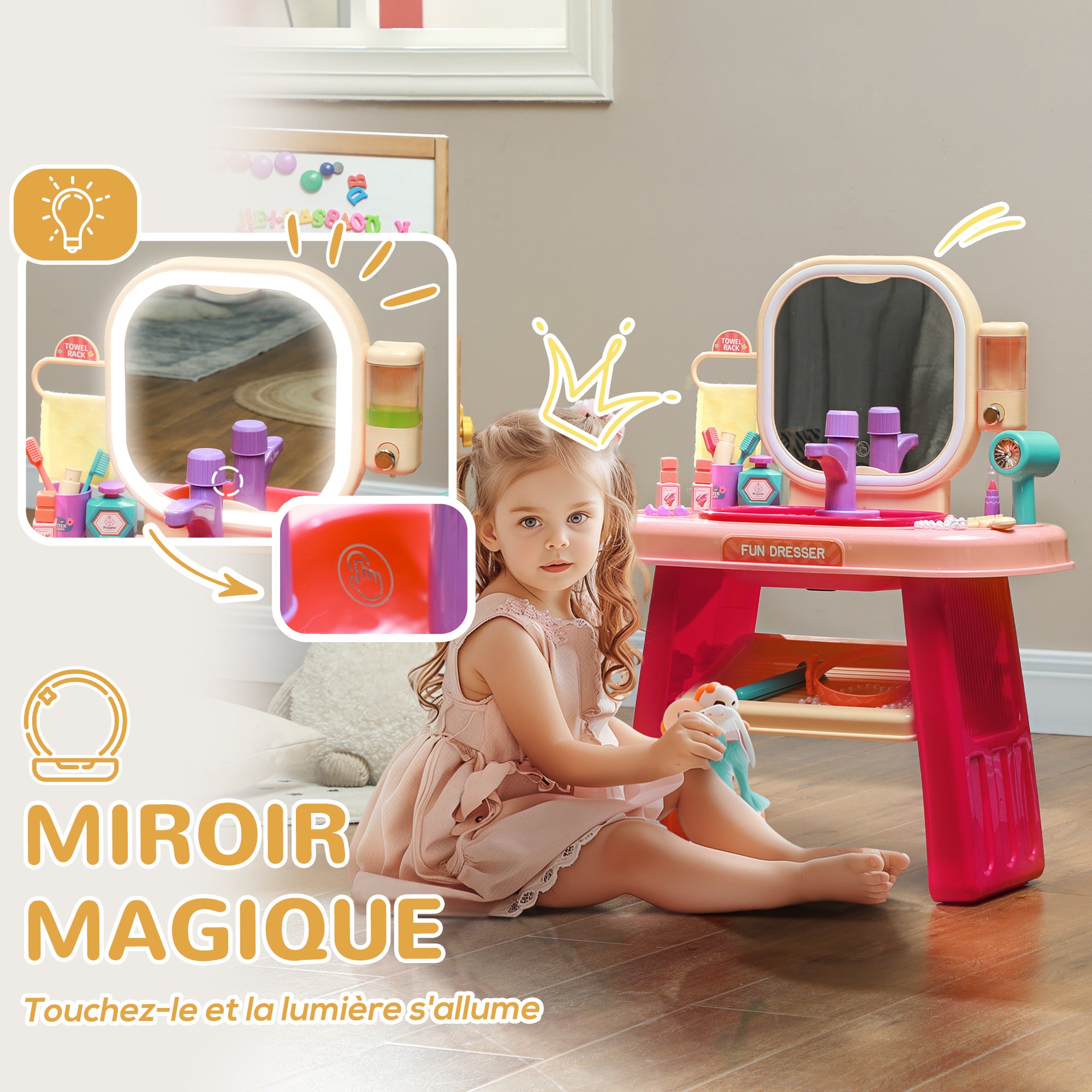 Kids Vanity Set 23 PCS, Makeup Table with LED Mirror, Light, and Music, for Kids 3-6 Years Old, Pink