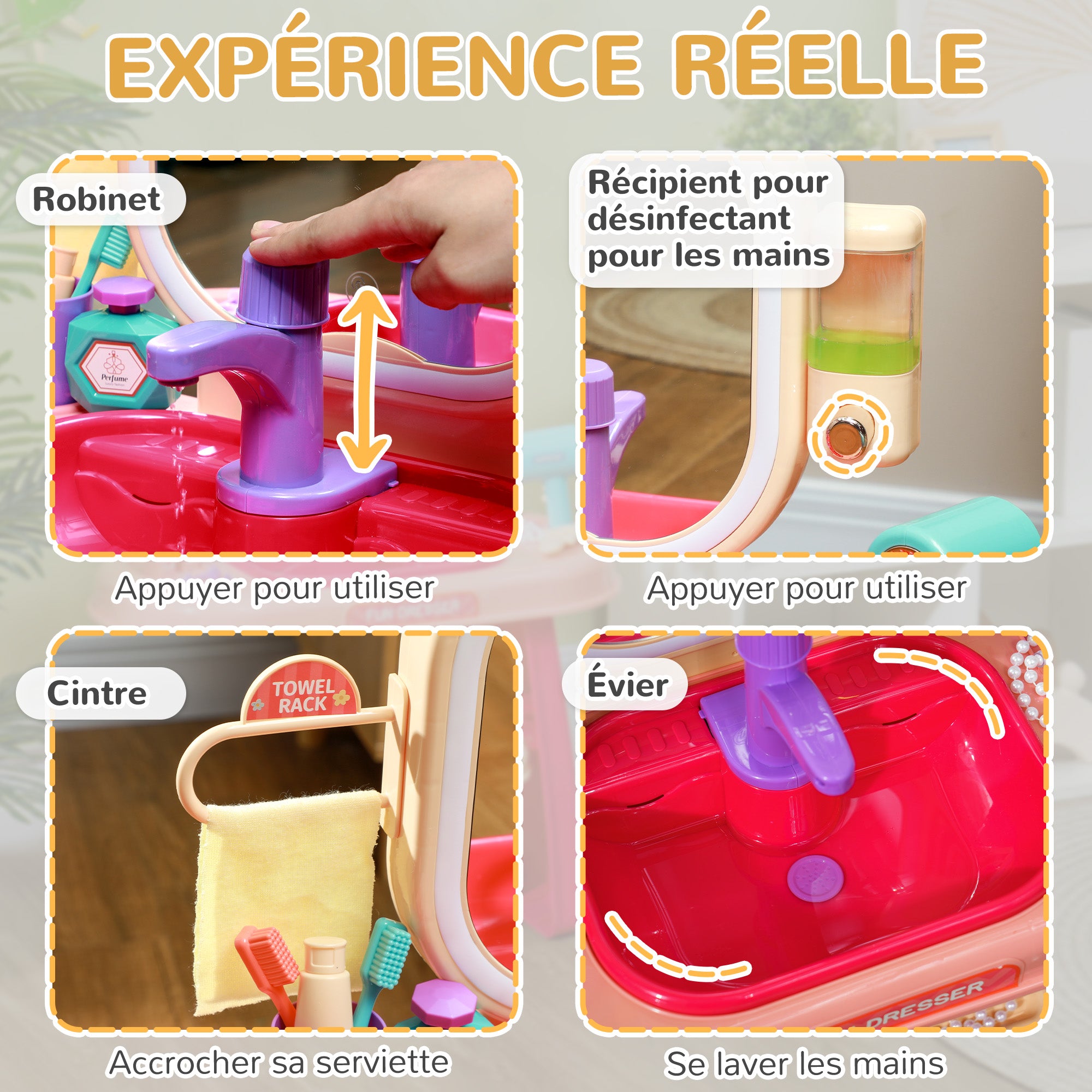 Kids Vanity Set 23 PCS, Makeup Table with LED Mirror, Light, and Music, for Kids 3-6 Years Old, Pink