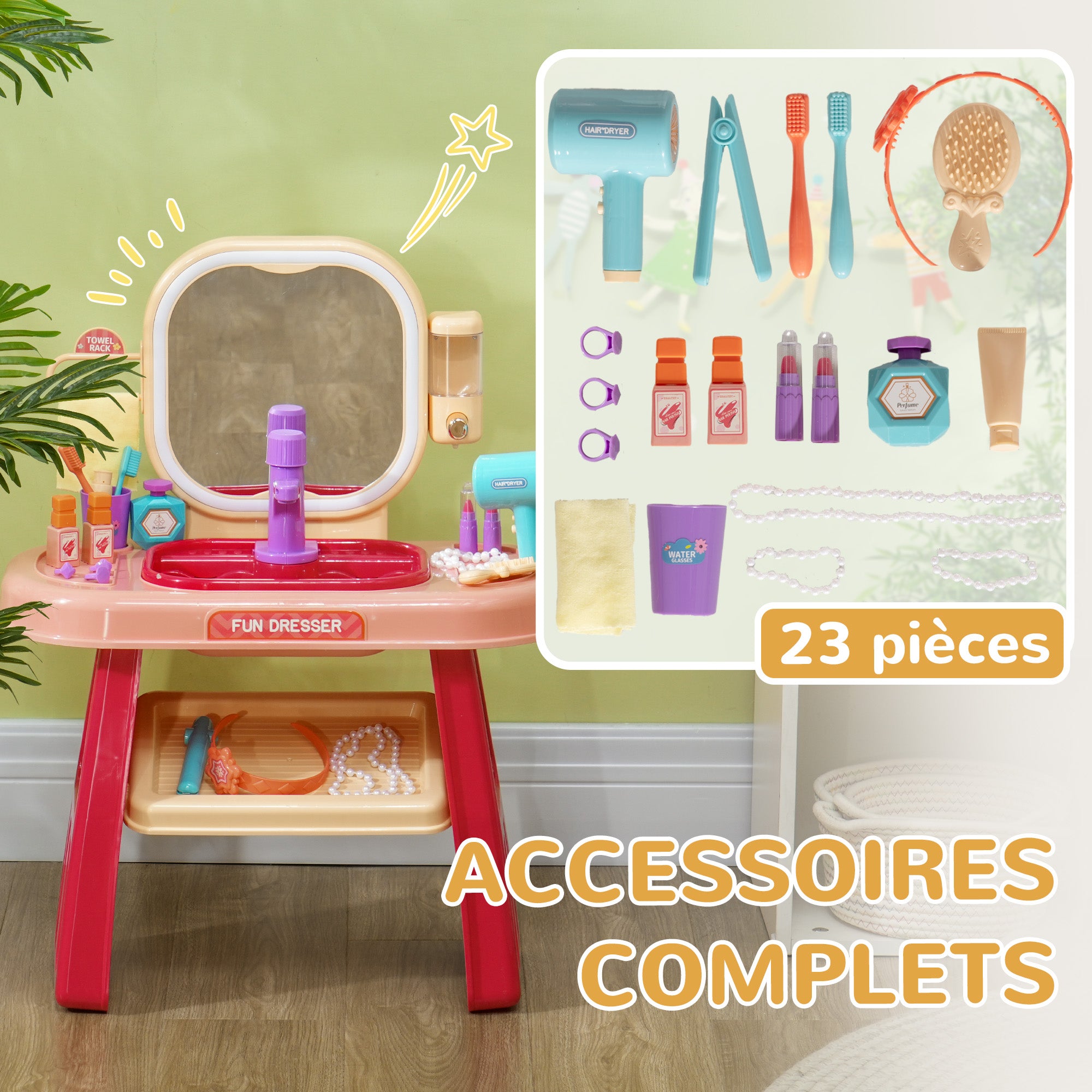 Kids Vanity Set 23 PCS, Makeup Table with LED Mirror, Light, and Music, for Kids 3-6 Years Old, Pink