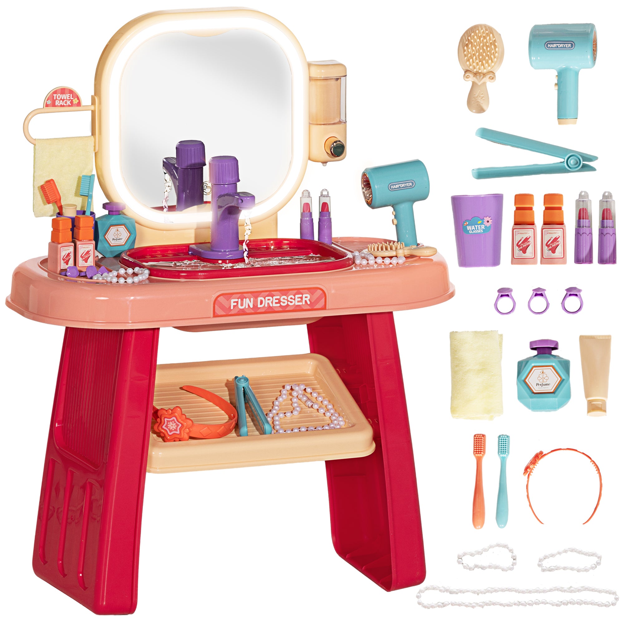 Kids Vanity Set 23 PCS, Makeup Table with LED Mirror, Light, and Music, for Kids 3-6 Years Old, Pink