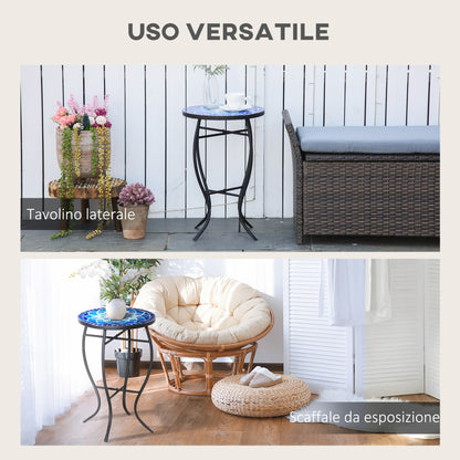 Round Garden Table with Ceramic Mosaic Top, Metal Frame, Ø35.5x53.5cm, Blue and White