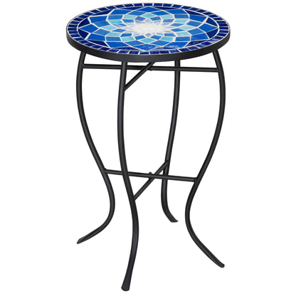 Round Garden Table with Ceramic Mosaic Top, Metal Frame, Ø35.5x53.5cm, Blue and White