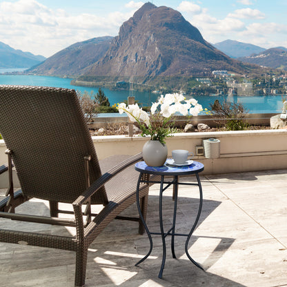 Round Garden Table with Ceramic Mosaic Top, Metal Frame, Ø35.5x53.5cm, Blue and White