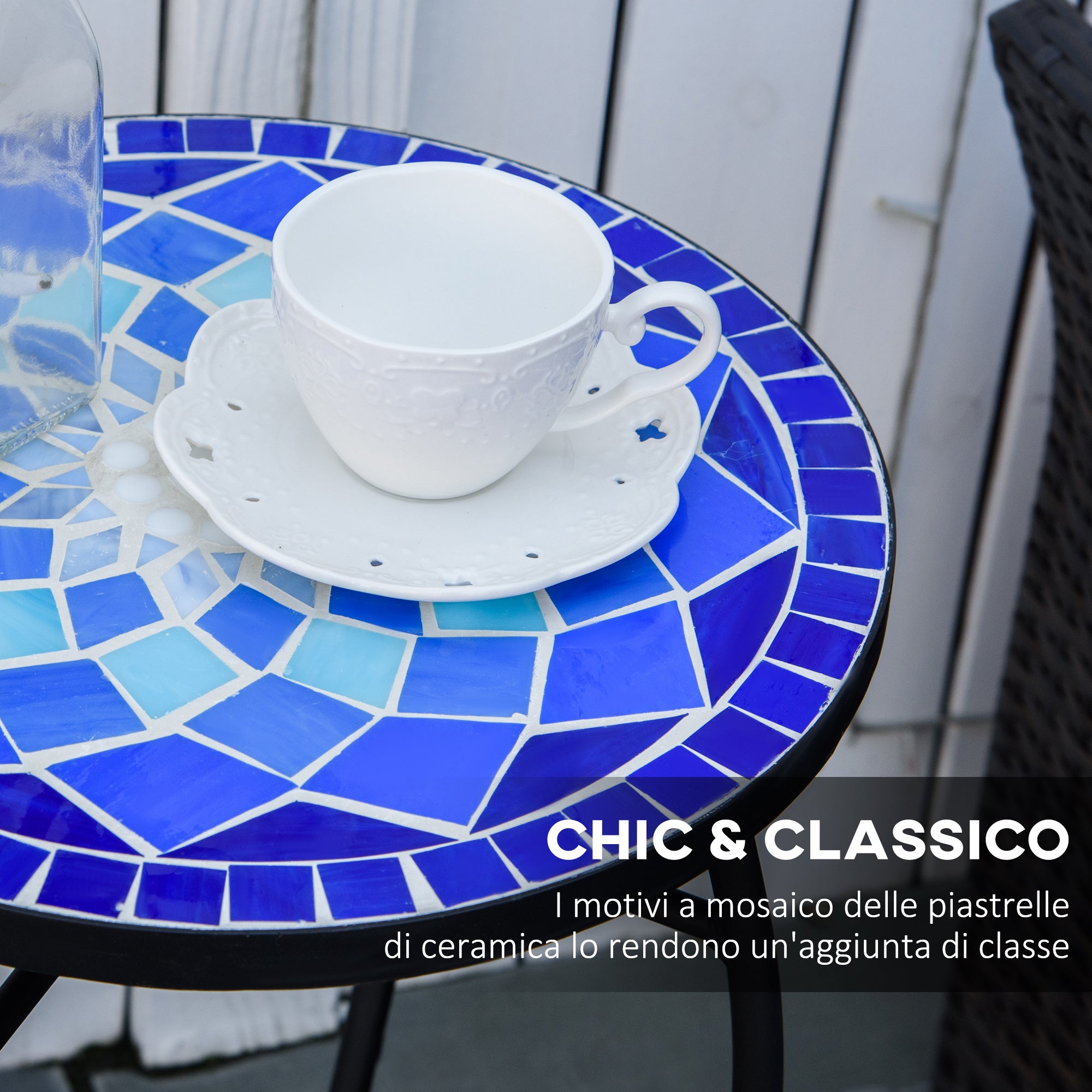 Round Garden Table with Ceramic Mosaic Top, Metal Frame, Ø35.5x53.5cm, Blue and White