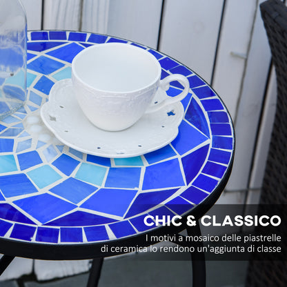 Round Garden Table with Ceramic Mosaic Top, Metal Frame, Ø35.5x53.5cm, Blue and White
