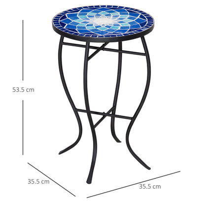 Round Garden Table with Ceramic Mosaic Top, Metal Frame, Ø35.5x53.5cm, Blue and White