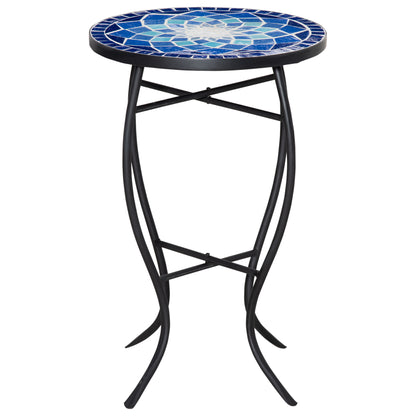 Round Garden Table with Ceramic Mosaic Top, Metal Frame, Ø35.5x53.5cm, Blue and White