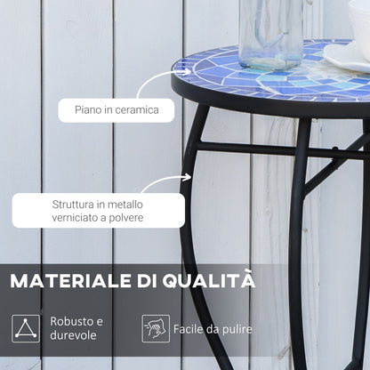 Round Garden Table with Ceramic Mosaic Top, Metal Frame, Ø35.5x53.5cm, Blue and White