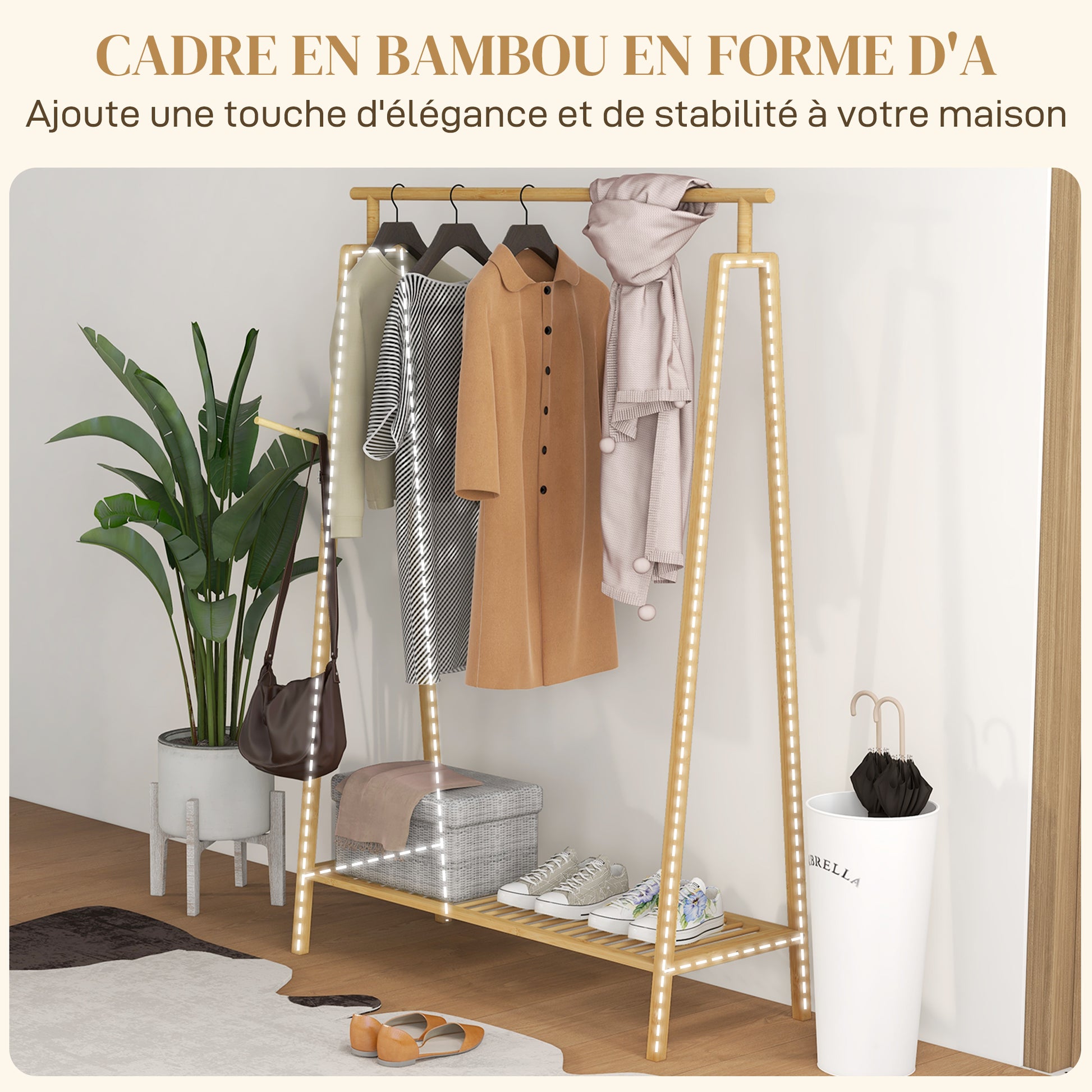 Bamboo Clothes Rack, Wooden Coat Stand with Shoe Shelf dim. 110L x 42W x 152H cm