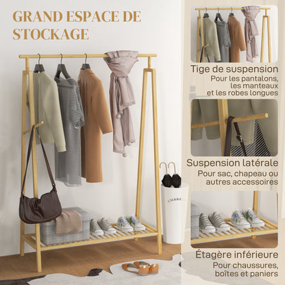 Bamboo Clothes Rack, Wooden Coat Stand with Shoe Shelf dim. 110L x 42W x 152H cm