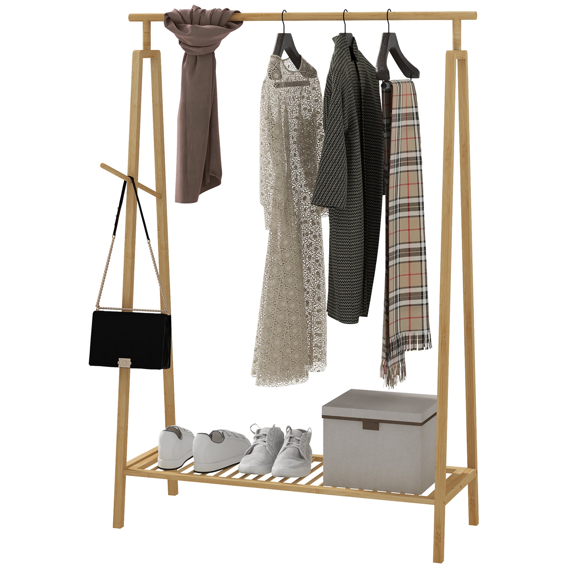 Bamboo Clothes Rack, Wooden Coat Stand with Shoe Shelf dim. 110L x 42W x 152H cm