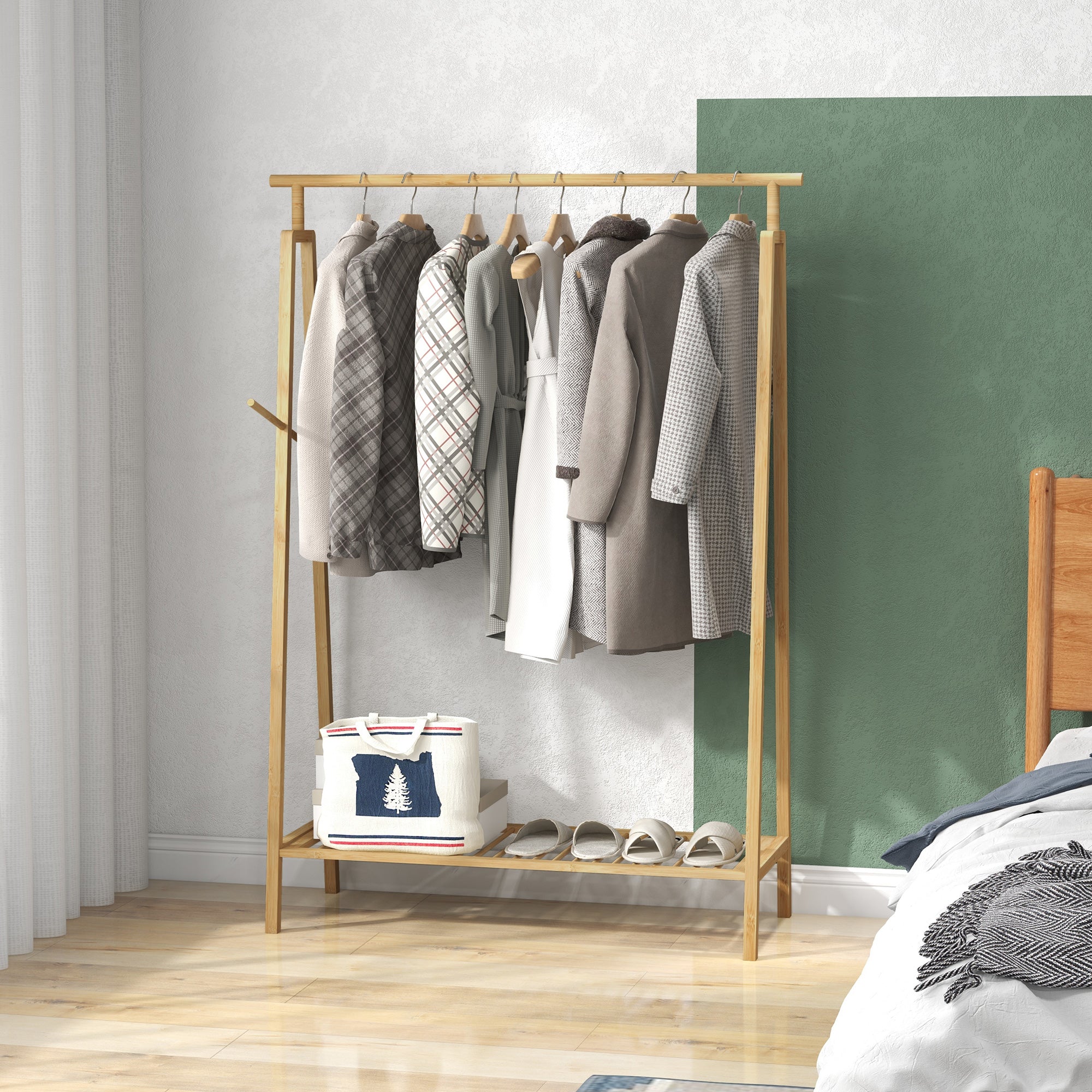 Bamboo Clothes Rack, Wooden Coat Stand with Shoe Shelf dim. 110L x 42W x 152H cm