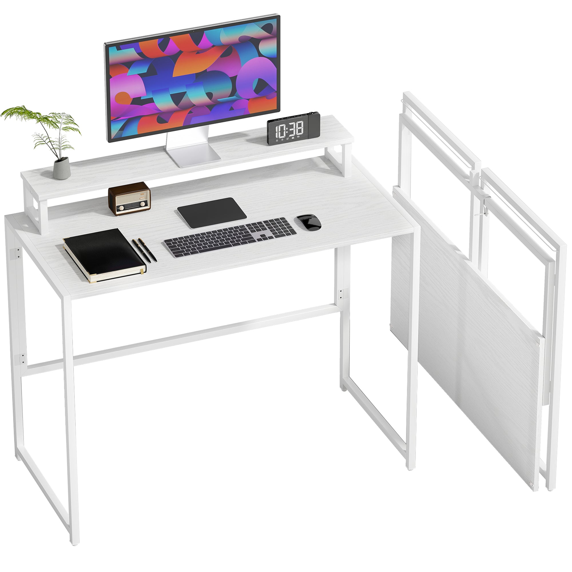 Folding Computer Desk with Monitor Riser, Steel Frame, 39.4 x 18.9 x 34.4 in (100 x 48 x 87.5 cm), White