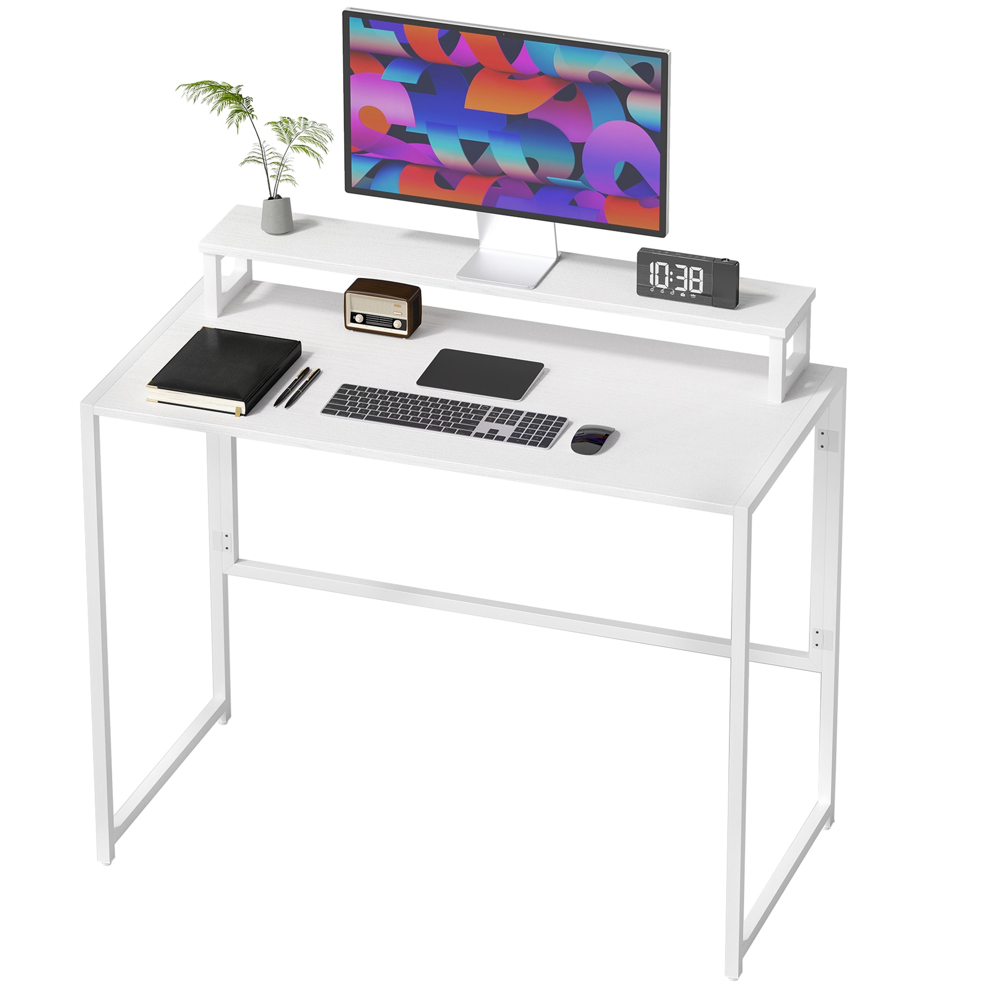 Folding Computer Desk with Monitor Riser, Steel Frame, 39.4 x 18.9 x 34.4 in (100 x 48 x 87.5 cm), White