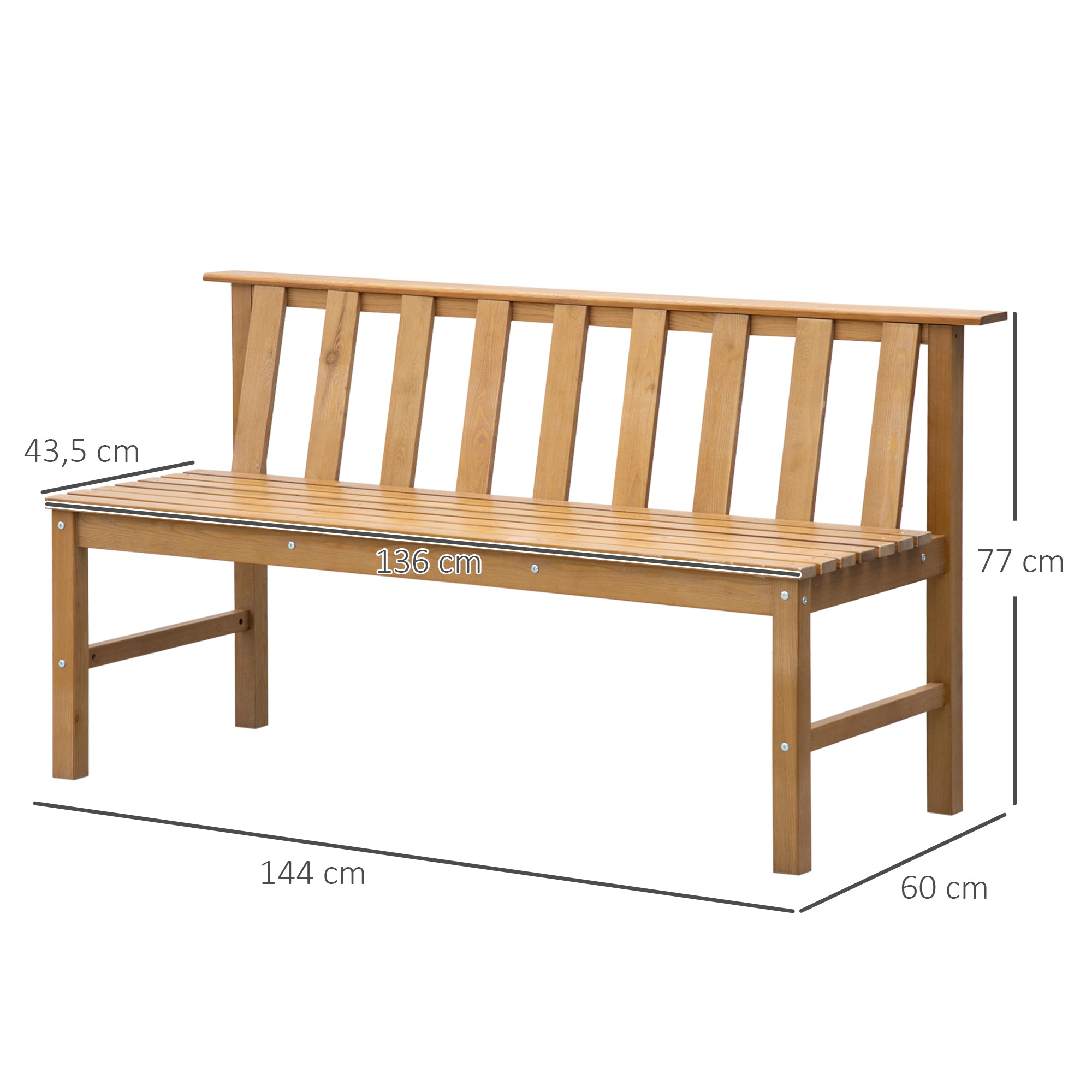 3-Seater Garden Bench Outdoor Wood Bench with Slatted Backrest for Patio Balcony Terrace Load 360 kg 144x60x77 cm Natural