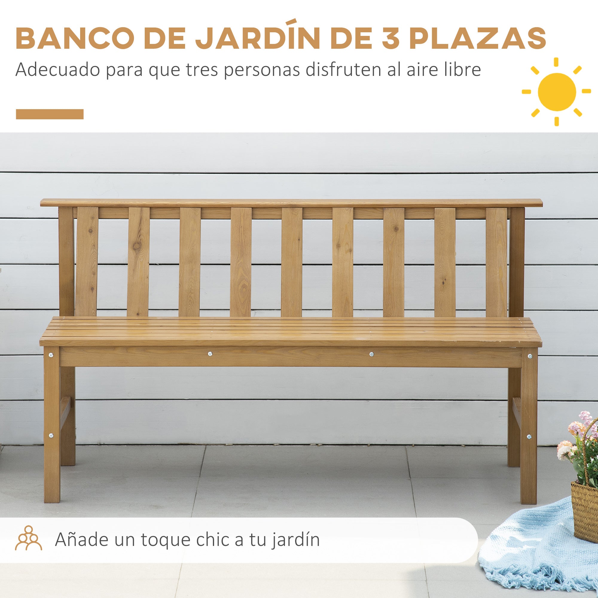 3-Seater Garden Bench Outdoor Wood Bench with Slatted Backrest for Patio Balcony Terrace Load 360 kg 144x60x77 cm Natural