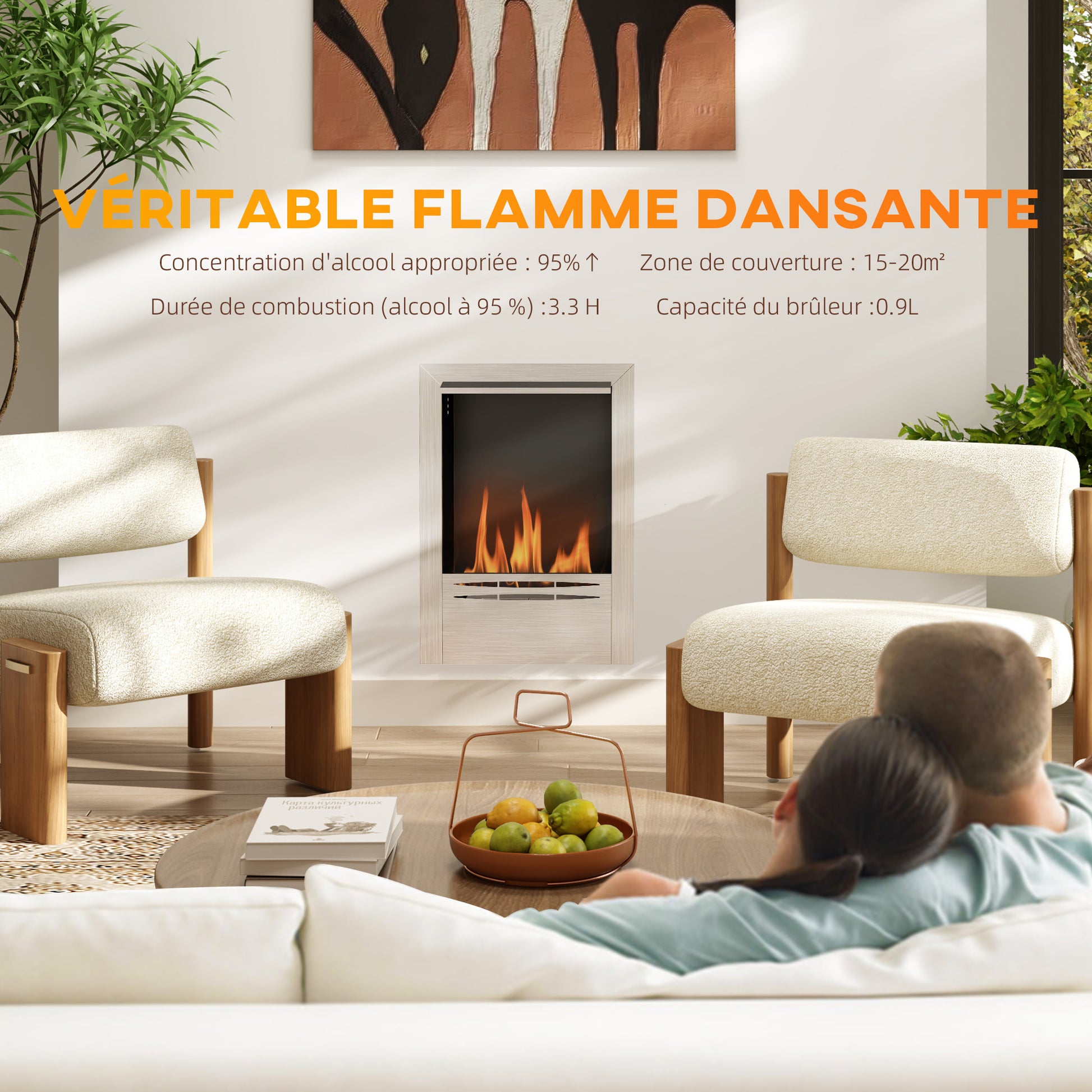 Built-in Bioethanol Fireplace, Ethanol Fireplace with 0.9L Capacity, Approximately 3.3 Hrs Burning Time, Stainless Steel and Tempered Glass Bioethanol Stove, 48 x 18 x 59 cm, Silver