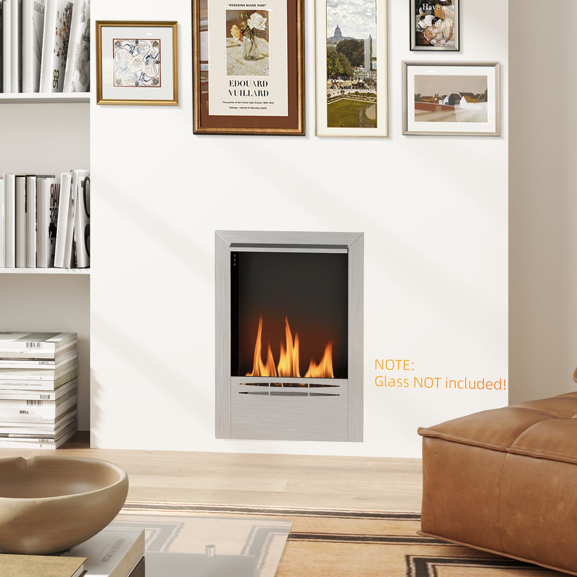 Built-in Bioethanol Fireplace, Ethanol Fireplace with 0.9L Capacity, Approximately 3.3 Hrs Burning Time, Stainless Steel and Tempered Glass Bioethanol Stove, 48 x 18 x 59 cm, Silver