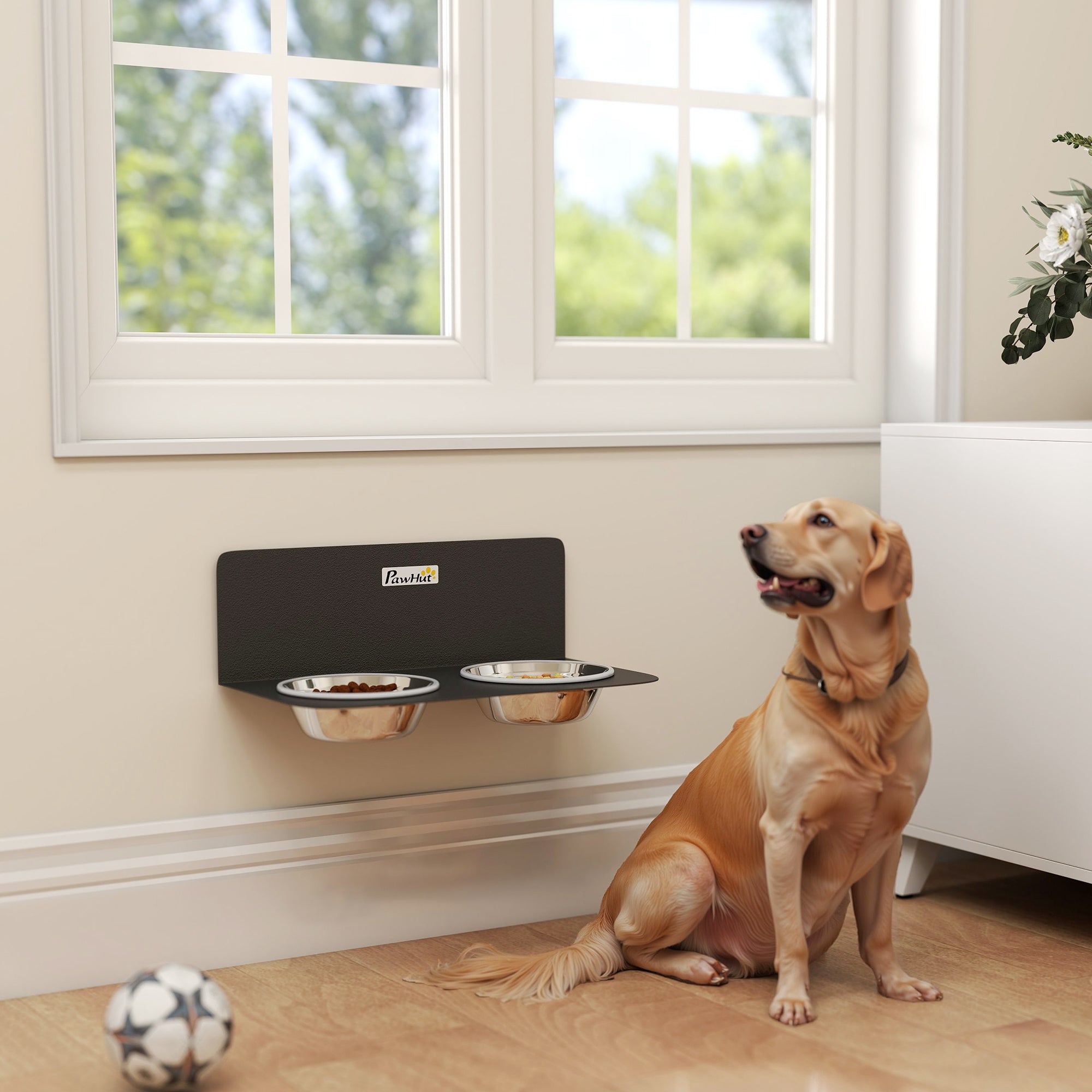 Wall-Mounted Adjustable Dog Feeder — 2 x 27 fl oz Stainless Steel Bowls, Black