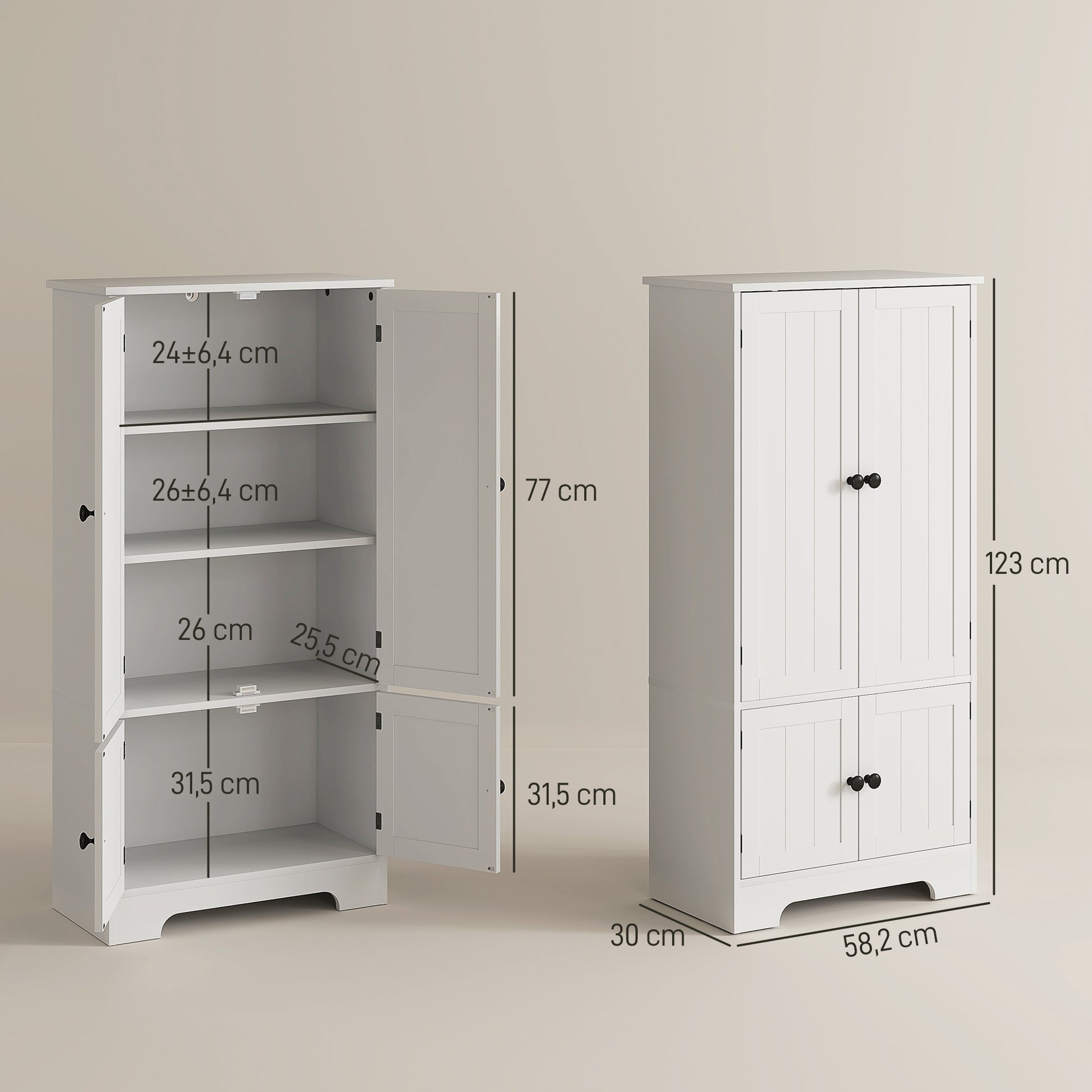 Kitchen Cabinet Buffet Kitchen Storage Cabinet with Cupboards and Adjustable Shelves for Dining Room, Living Room, 58.2 x 30 x 123 cm, white