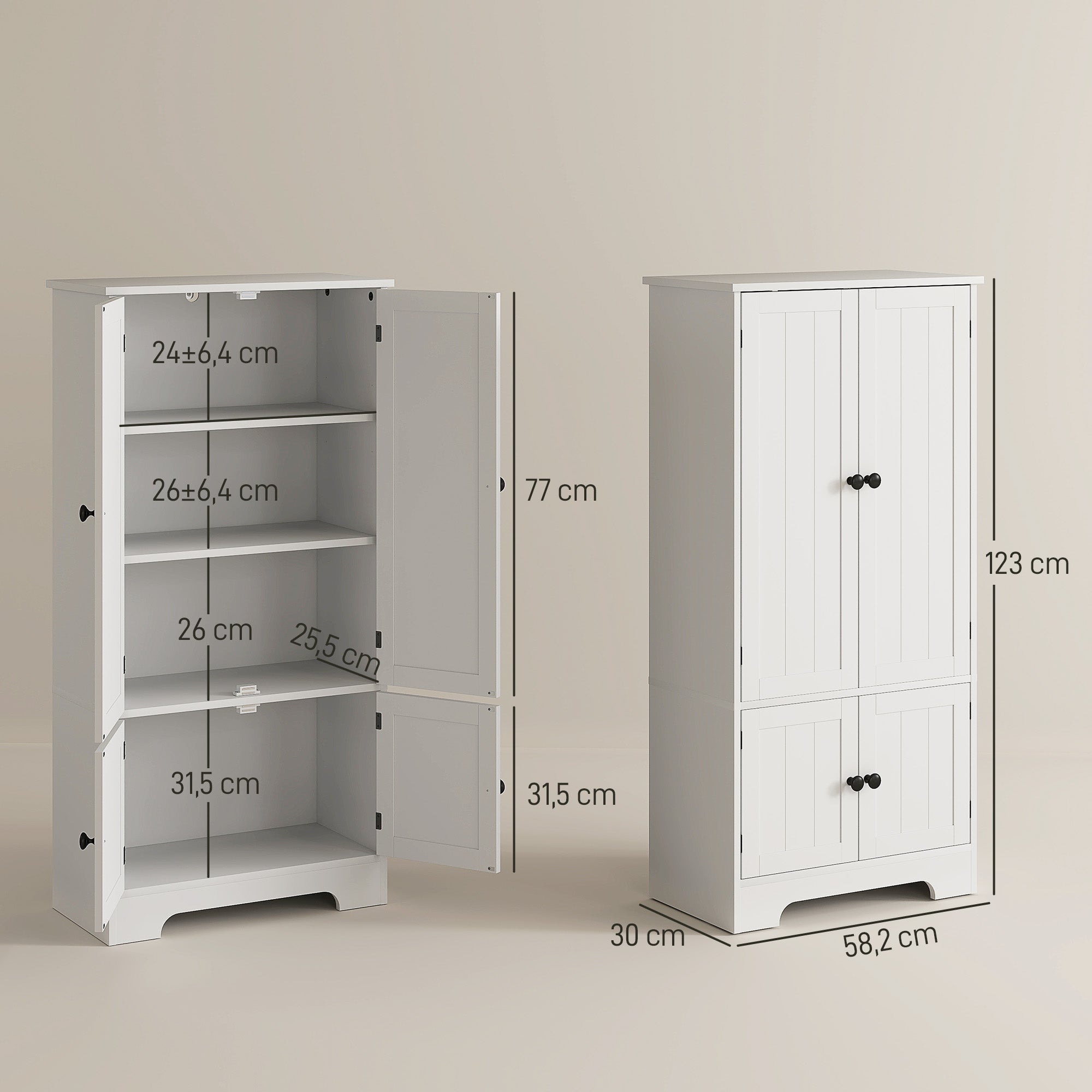 Kitchen Cabinet Buffet Kitchen Storage Cabinet with Cupboards and Adjustable Shelves for Dining Room, Living Room, 58.2 x 30 x 123 cm, white