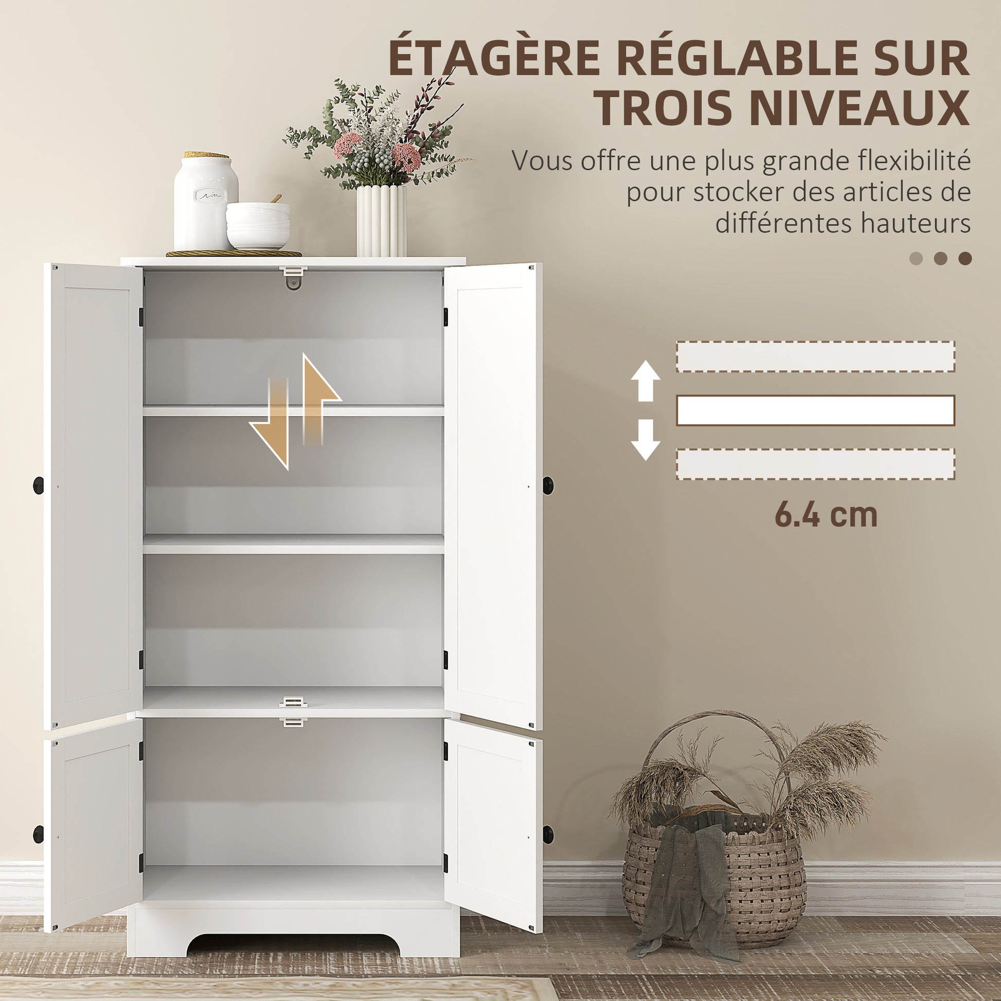 Kitchen Cabinet Buffet Kitchen Storage Cabinet with Cupboards and Adjustable Shelves for Dining Room, Living Room, 58.2 x 30 x 123 cm, white