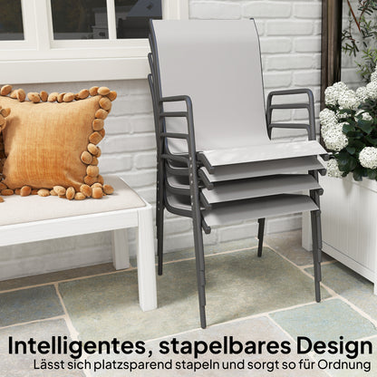 Garden Chairs 4-Piece Set — Stackable Patio Chairs with Breathable Backrest, Armrests, Weather-Resistant, 265 lb Capacity, Stackable for Garden/Balcony/Terrace — 20.1 x 27.2 x 34.3 in — Light Gray