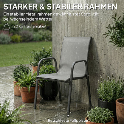 Garden Chairs 4-Piece Set — Stackable Patio Chairs with Breathable Backrest, Armrests, Weather-Resistant, 265 lb Capacity, Stackable for Garden/Balcony/Terrace — 20.1 x 27.2 x 34.3 in — Light Gray