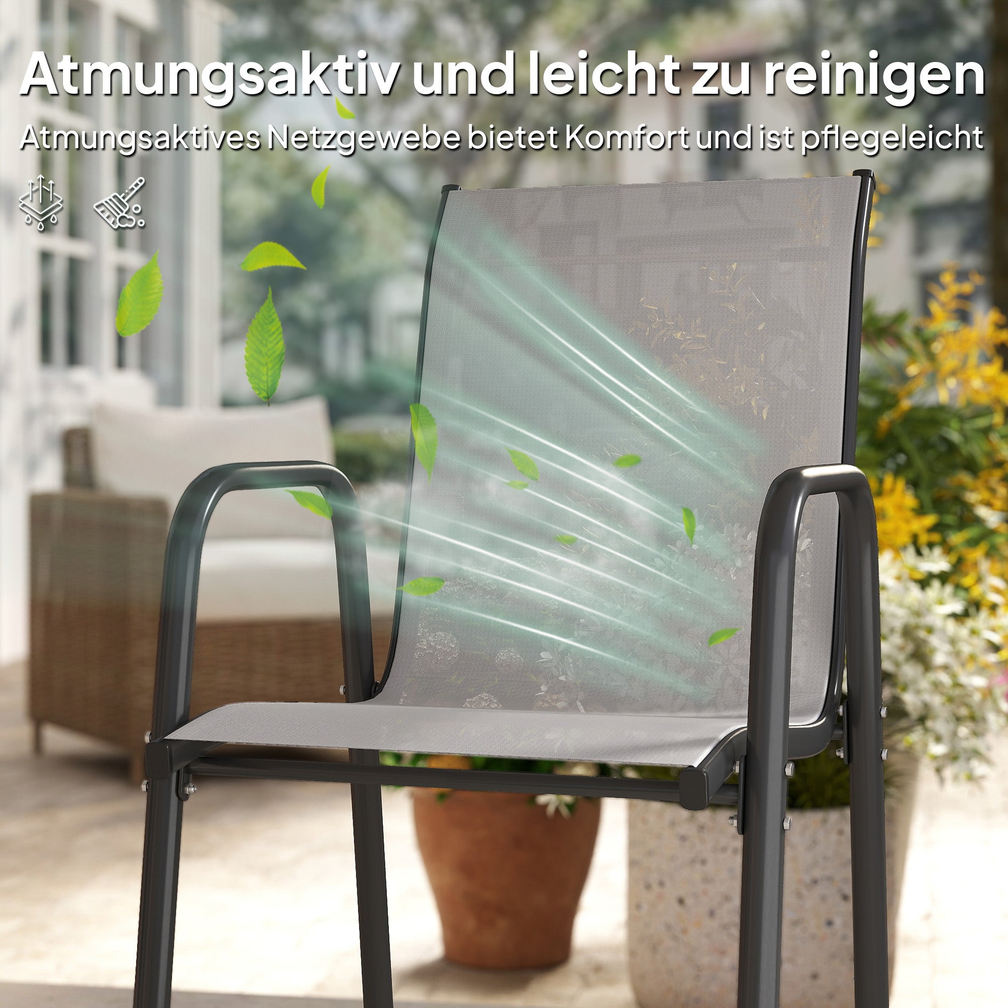 Garden Chairs 4-Piece Set — Stackable Patio Chairs with Breathable Backrest, Armrests, Weather-Resistant, 265 lb Capacity, Stackable for Garden/Balcony/Terrace — 20.1 x 27.2 x 34.3 in — Light Gray