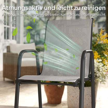 Garden Chairs 4-Piece Set — Stackable Patio Chairs with Breathable Backrest, Armrests, Weather-Resistant, 265 lb Capacity, Stackable for Garden/Balcony/Terrace — 20.1 x 27.2 x 34.3 in — Light Gray