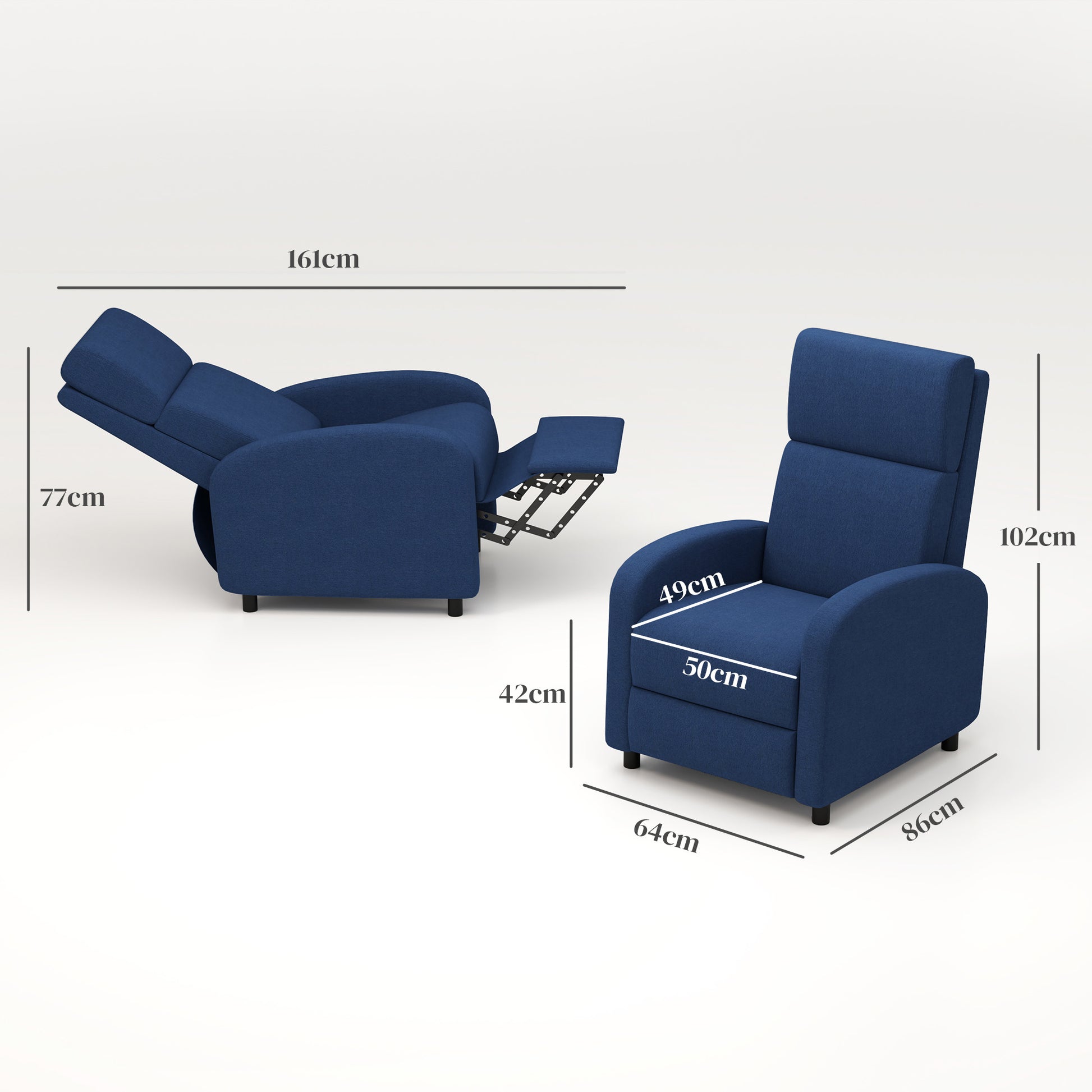 Reclining chair relaxation chair with manually adjustable backrest up to 160°, integrated footrest for living room bedroom office home theater, load 120 kg, blue