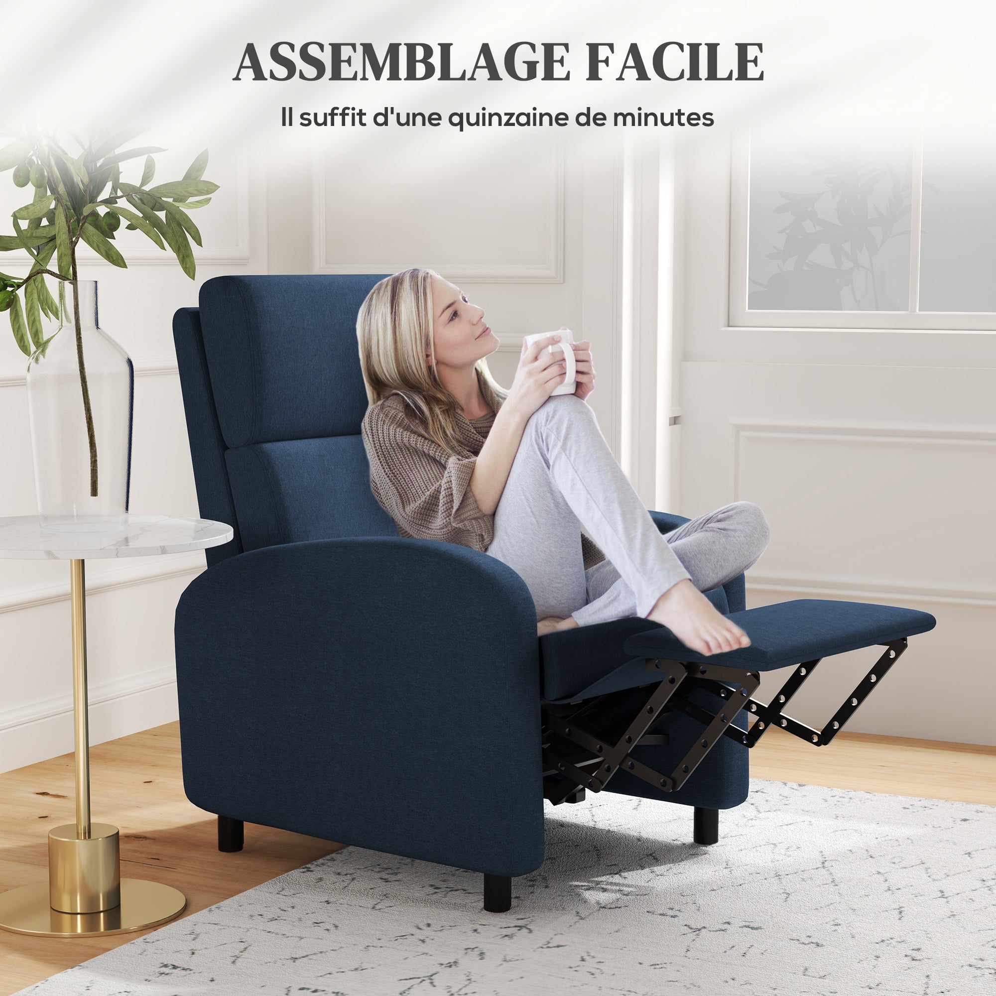 Reclining chair relaxation chair with manually adjustable backrest up to 160°, integrated footrest for living room bedroom office home theater, load 120 kg, blue