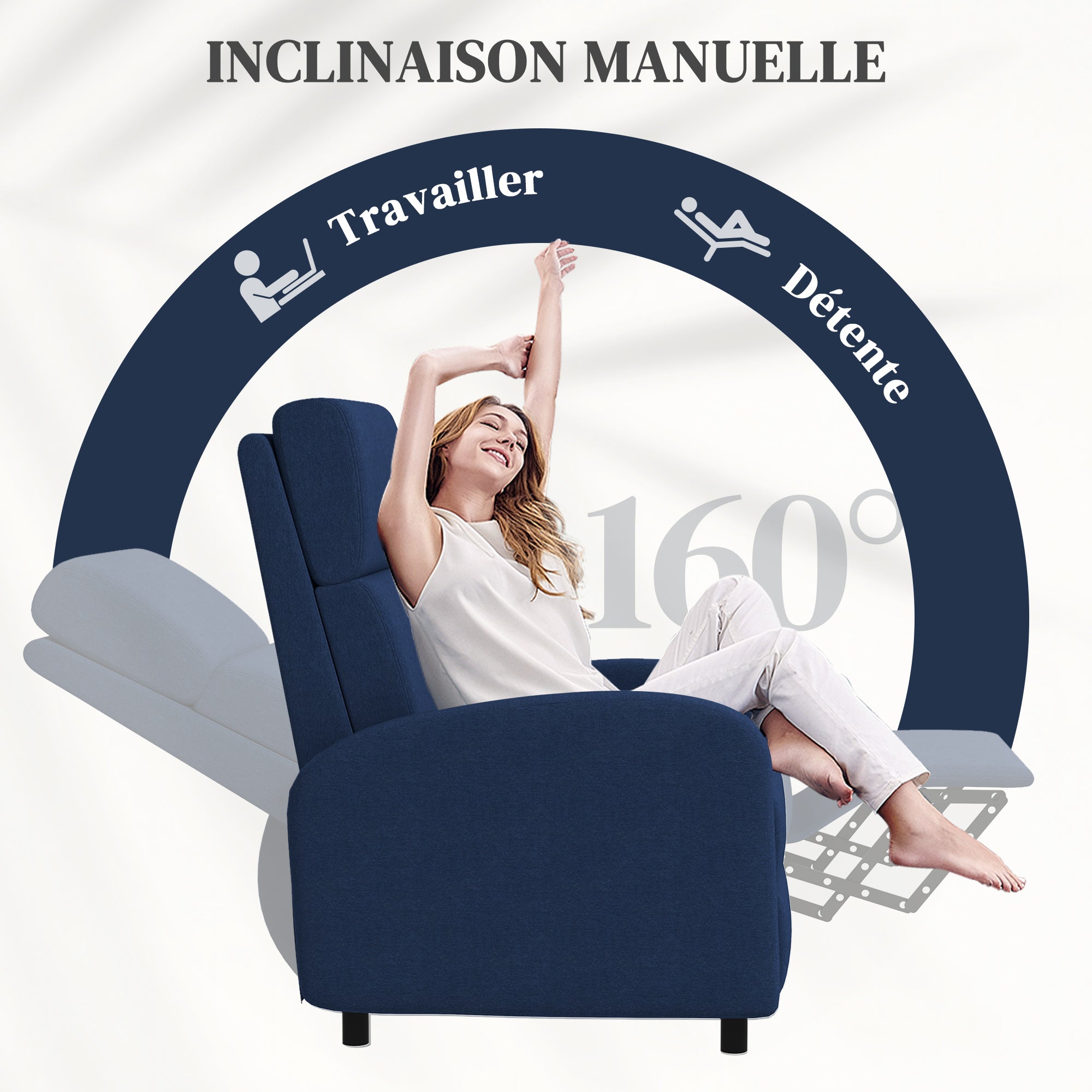 Reclining chair relaxation chair with manually adjustable backrest up to 160°, integrated footrest for living room bedroom office home theater, load 120 kg, blue