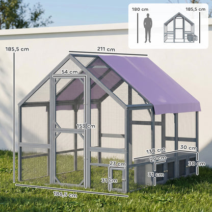 Walk-In Chicken Run — approx. 43 sq ft (4 m²), Weatherproof Cover, 2 Nest Boxes & 2 Perches, Safety Lock — Fits 8–10 Hens, Dark Gray