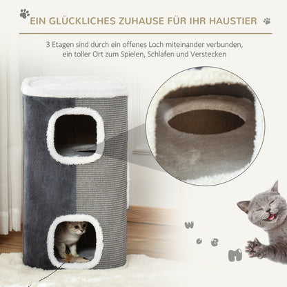 Scratching Barrel 74 cm High three-story cat barrel with cushion, plush edge, cat cave, scratching tree for small cats, Gray+White