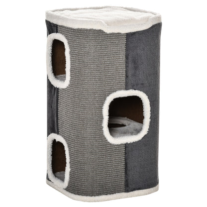 Scratching Barrel 74 cm High three-story cat barrel with cushion, plush edge, cat cave, scratching tree for small cats, Gray+White